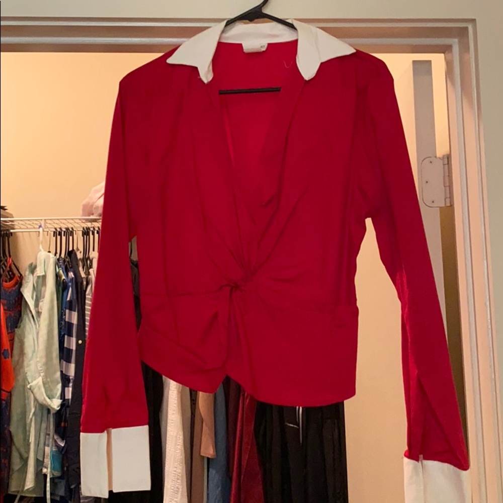 Red with white accent collar and cuffs blouse